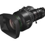 Angled front view of lens with hood