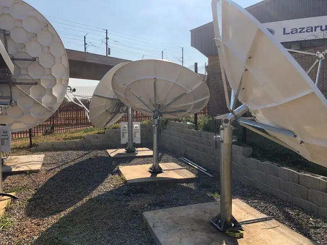 Outside view of a production house with a lot of dish cable