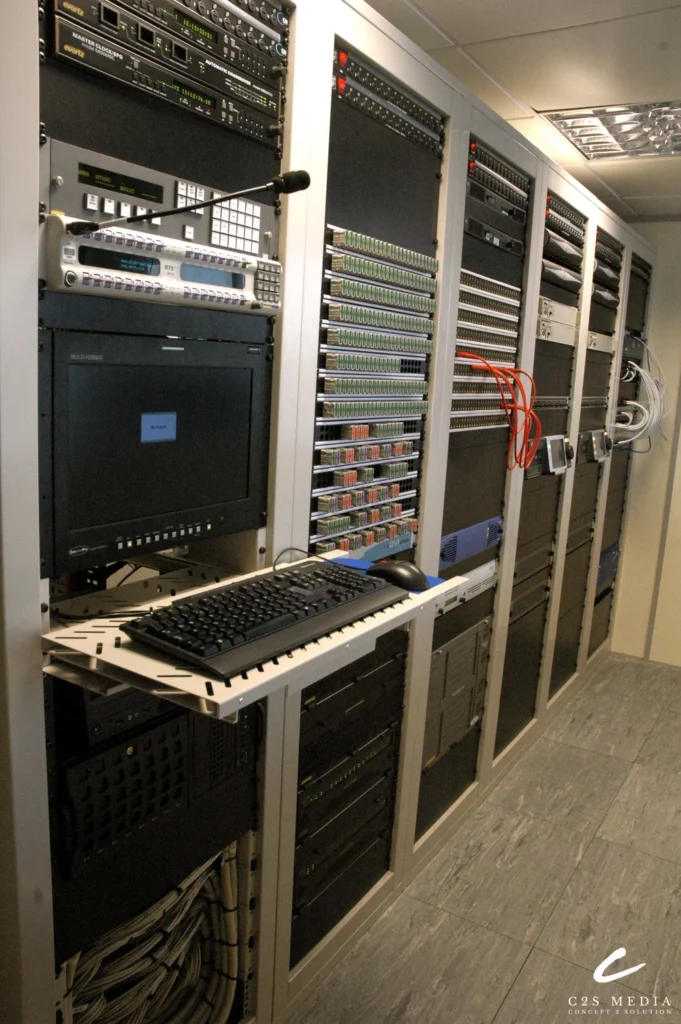 Server racks with keyboard and network cables
