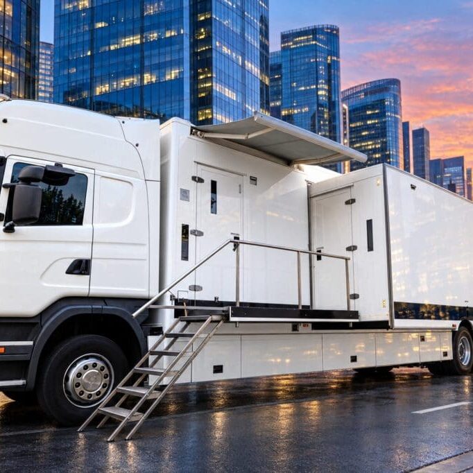 OB-215 used 12 camera HD single expanding OB van on Scania rigid chassis (illustrative render)