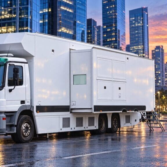 Used 12 camera HD double expanding OB van on Mercedes-Benz Actros 2532 (illustrative render)