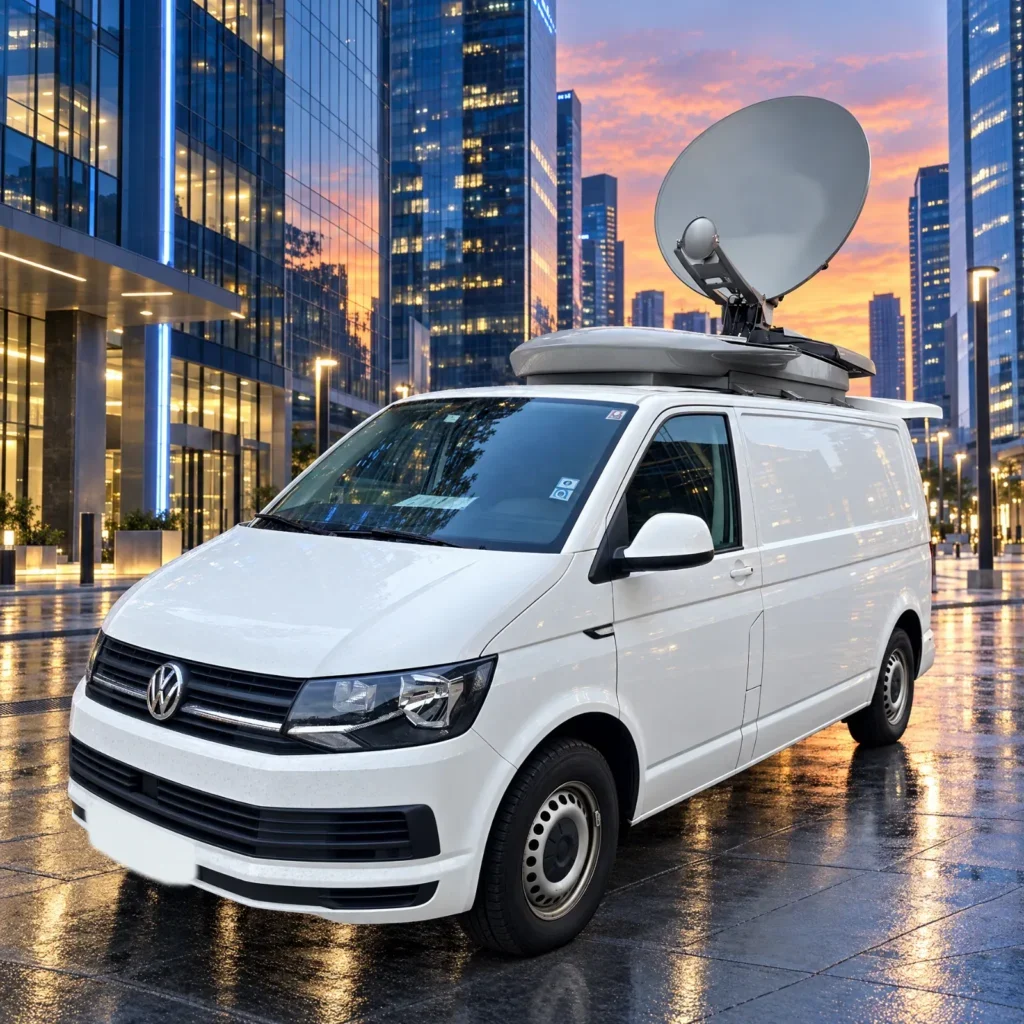 Used 4K SNG van on Volkswagen Transporter with 1.5 m SWE-DISH Ku-Band antenna deployed